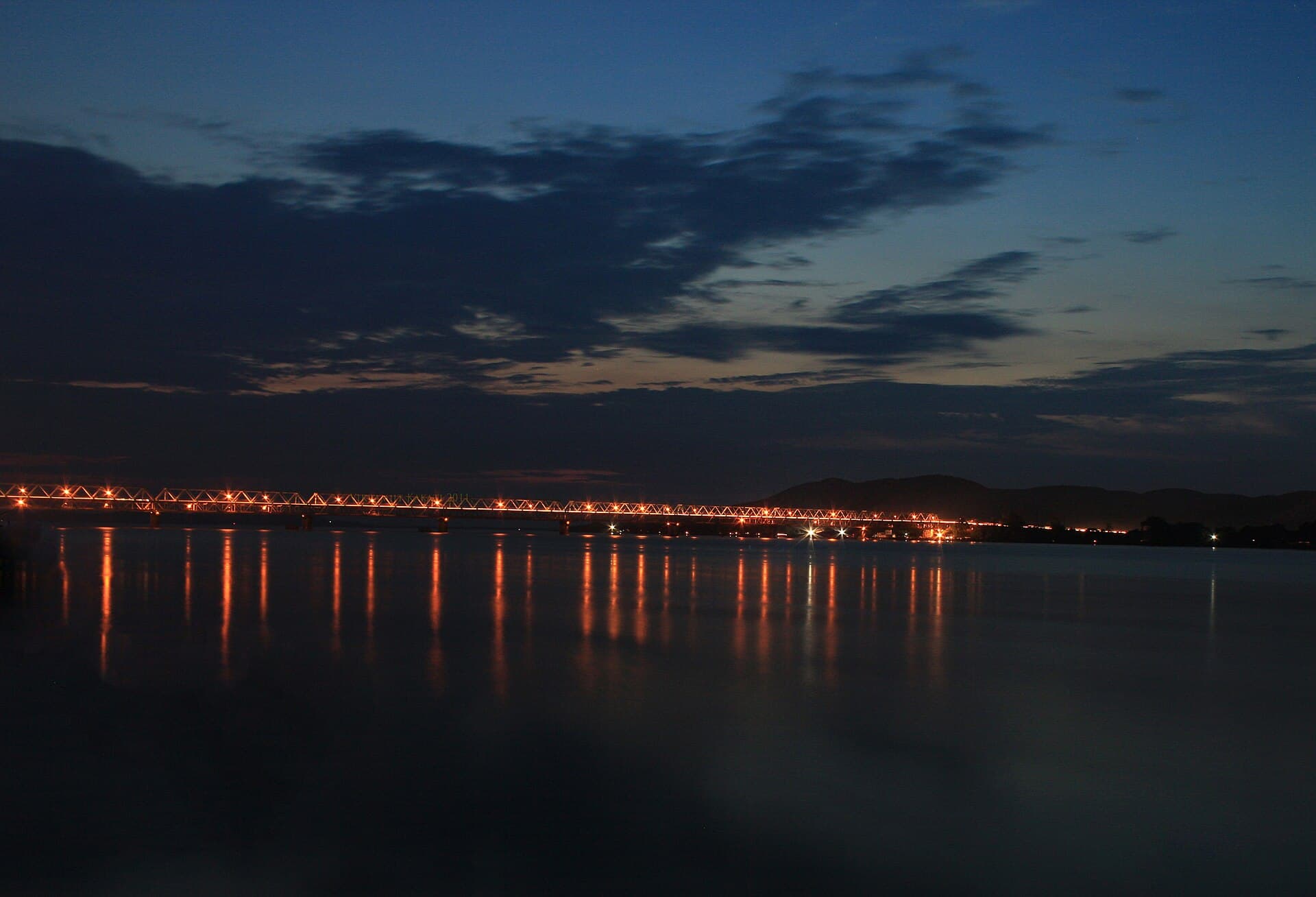 The Brahmaputra rail bridge at Guwahati, at dusk